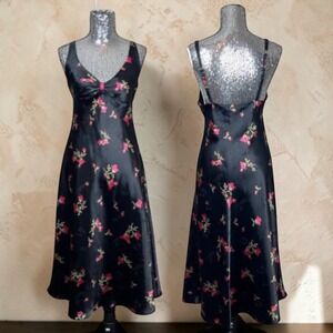 Y2K Black Floral Satin Maxi Dress Ruched V Neck Babydoll Whimsigoth Party Medium